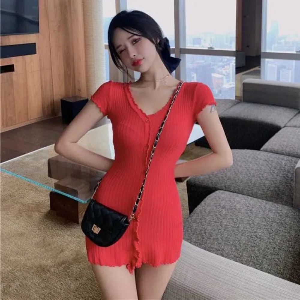Red V-Neck Ribbed Dress